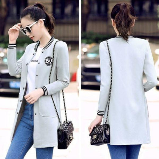 Mid Length Baseball Uniform Jacket Women's Long Sleeves Jacket Large Size Casual Outerwear Top