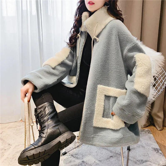 Autumn and Winter Thickening Plus Velvet All-match Stand-collar Jacket Mid-length Loose Casual Women's Warm Jacket Women