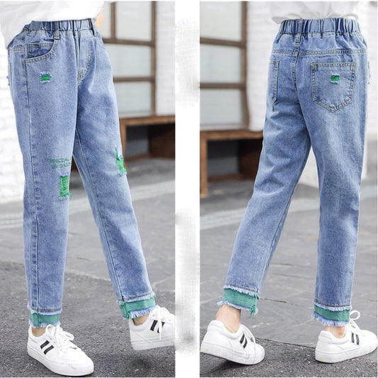 Girl Boy Loose Jeans Spring and Autumn Wear Korean Style Hole Children's Medium Children's Color Jeans Pants