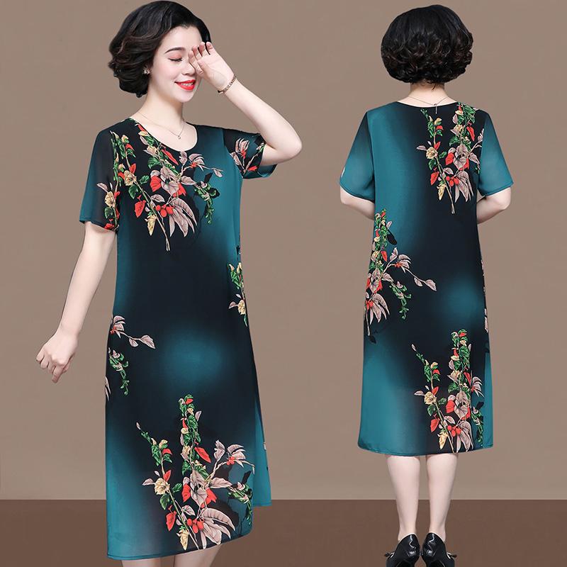 Summer Chiffon Dress Mid-length Plus Size Printing Over The Knee Round Neck Pockets Are Comfortable and Cool