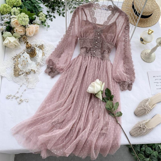 Women Casual Elegant Dress Hollow Out Lace Dress High Waist Two Pieces V Neck Lace Hollow Out Slim Midi Dress Backless Maxi Dress