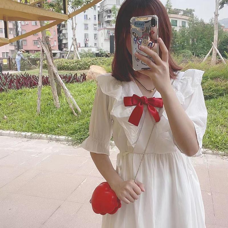 Women's Summer Dress Short Sleeve Sweet and Cute Bow Dress Summer Student White Chiffon Skirt Daily Wear Office Dating Party