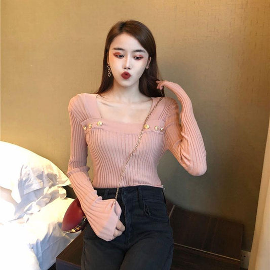 Spring and Autumn All-match Tight Top with Sexy Knit Bottoming Shirt Fashionable Slim Female Top