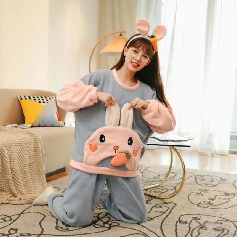 Winter Plus Velvet Coral Fleece Pajamas Set for Women Cartoon Printing Thick Plush Flannel Home Wear Warm Suit Loose Comfortable Sleeping Suit