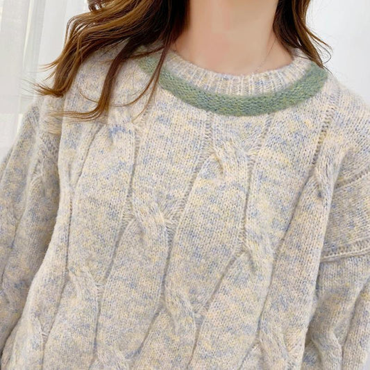 Coarse Wool Sweater Women's Short Loose Loose Outer Wear Twist Hedging Small Lazy Wind All-match Blouse Autumn and Winter Thickening