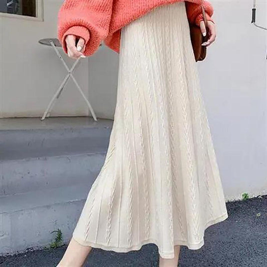 Autumn and Winter Women's High Waist A-line Skirt Knit Long Solid Color Casual Loose Umbrella Skirt Pleated Skirt