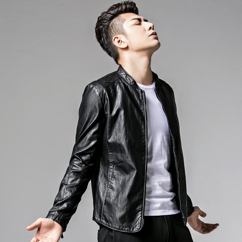 Fashionable Slim-fit Men's Leather Jacket with Stand-up Collar Pu Leather Handsome Motorcycle Leather Jacket