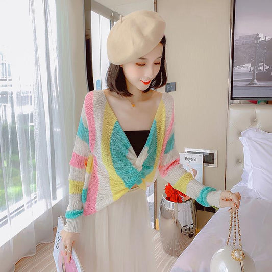 Autumn Winter Sexy Crop Sweater women Deep V-neck Pullover Sweater Long-sleeve Sweater Loose All-match Striped Sweater