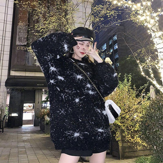 Autumn and Winter Fashion All-match Sweater Pullover Loose Shiny Silk Top Mid-length Snowflake Pattern Female Sweater