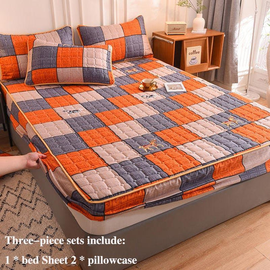 Bed Pillowcase Three-piece Non-slip Fixed Bed Cover Thickened Cotton Breathable Dust-proof Cover Mengsi Protective Cover Double Bed Set