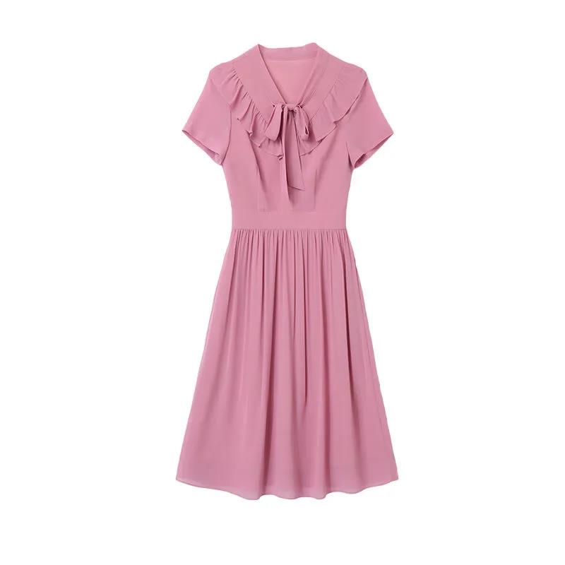 Women's Summer Skirt V-Neck Sweet Solid Color Tie Bow A-Line Dress