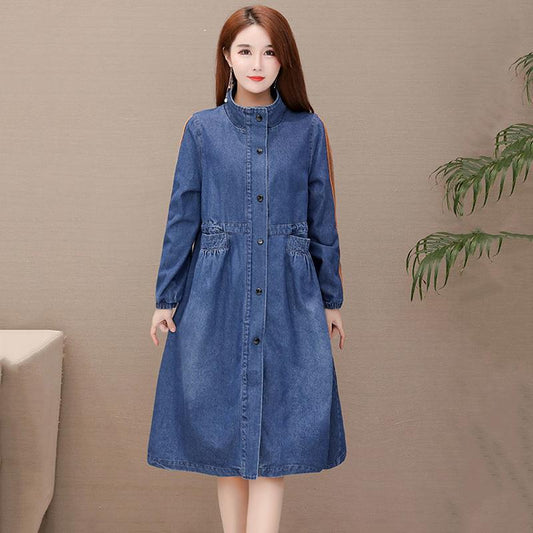 Denim Windbreaker Women's Mid-length Loose Polo Collar Large Size Jacket Women's Solid Color Denim Long-sleeved Jacket