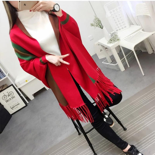 Autumn and Winter Knitted Sweater Mid-length Long-sleeved Color Matching Bat Shirt