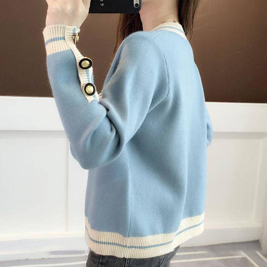 Color Matching Striped Knitted Cardigan Spring and Autumn Short Loose Sweater Coat Women