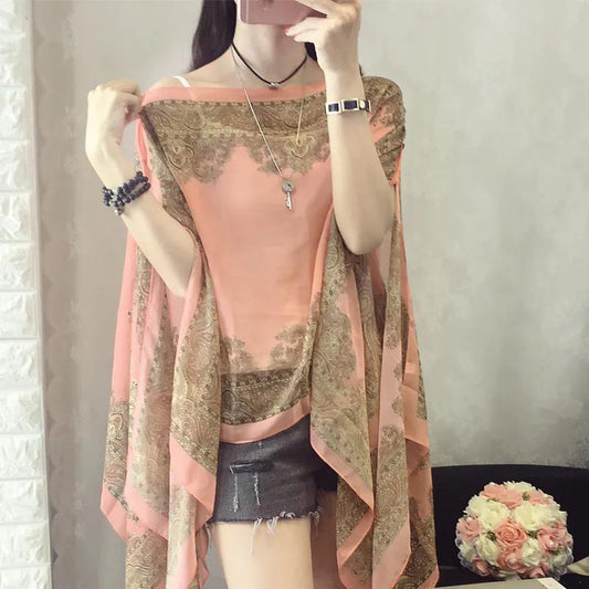 Chiffon Silk Scarf Female Summer Driving Sunscreen Shawl Jacket Scarf Dual-use Seaside Vacation Beach Towel Wild Shawl Cloak Wrap