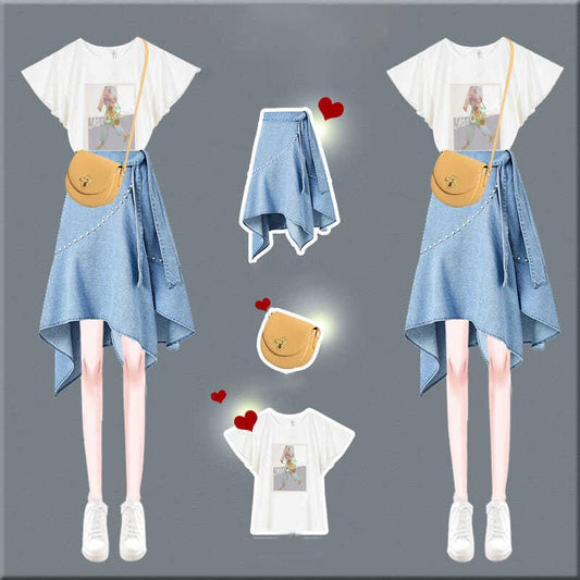 Fashion Women Plus Size Skirt Set Summer Short Sleeve Printed T-shirt Asymmetric Denim Skirt 2 Piece Set Skirt and Tops