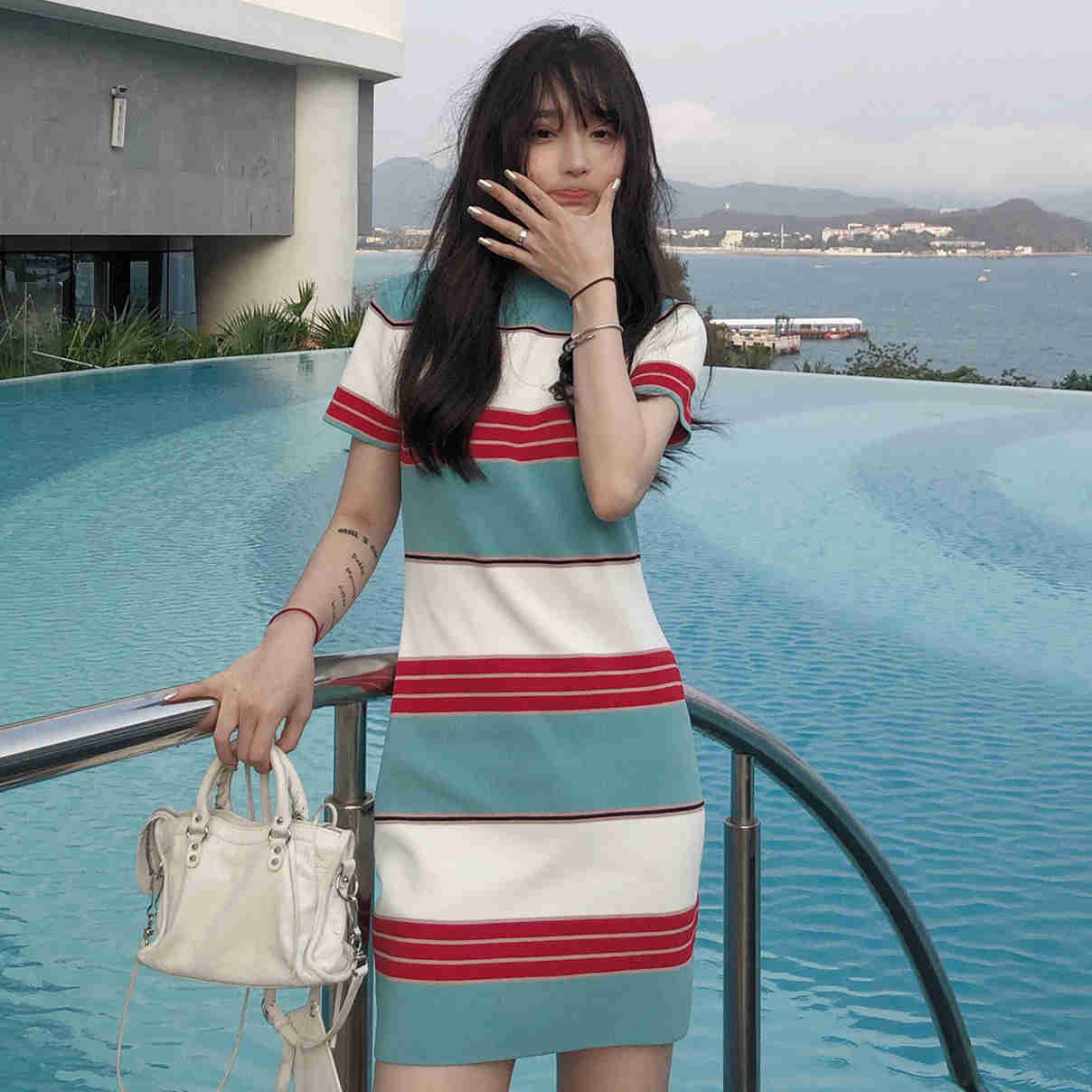 Female Summer Simple Stripe Contrast Knitted Dress Vintage Elegant Slim Holiday Graceful Dress