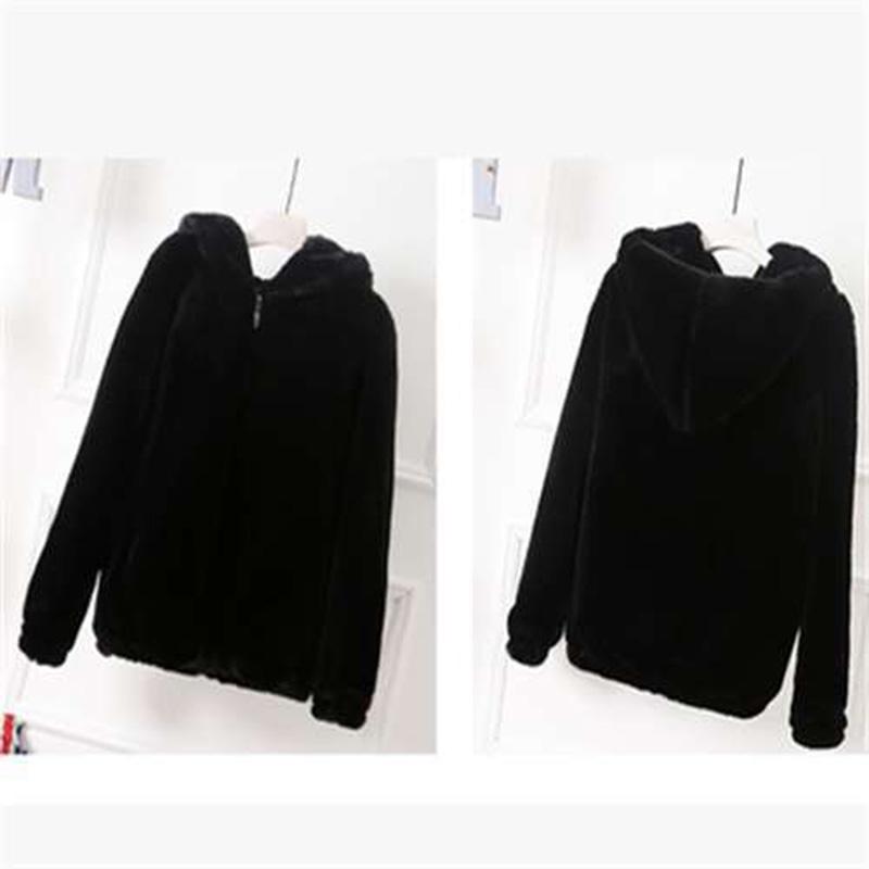 Fall/winter Hooded Pocket Sweater Loose Long-sleeved Furry Coat Solid Color Zipper Non-fading Top