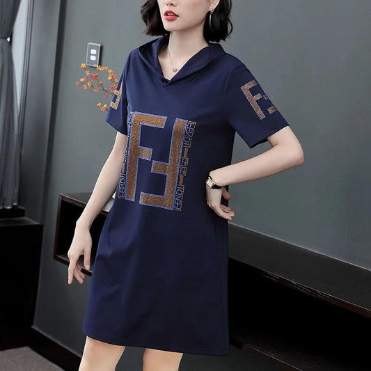 Hooded Casual Dress Mid Length Ladies Loose Large Size Short Sleeve T-Shirt Skirt
