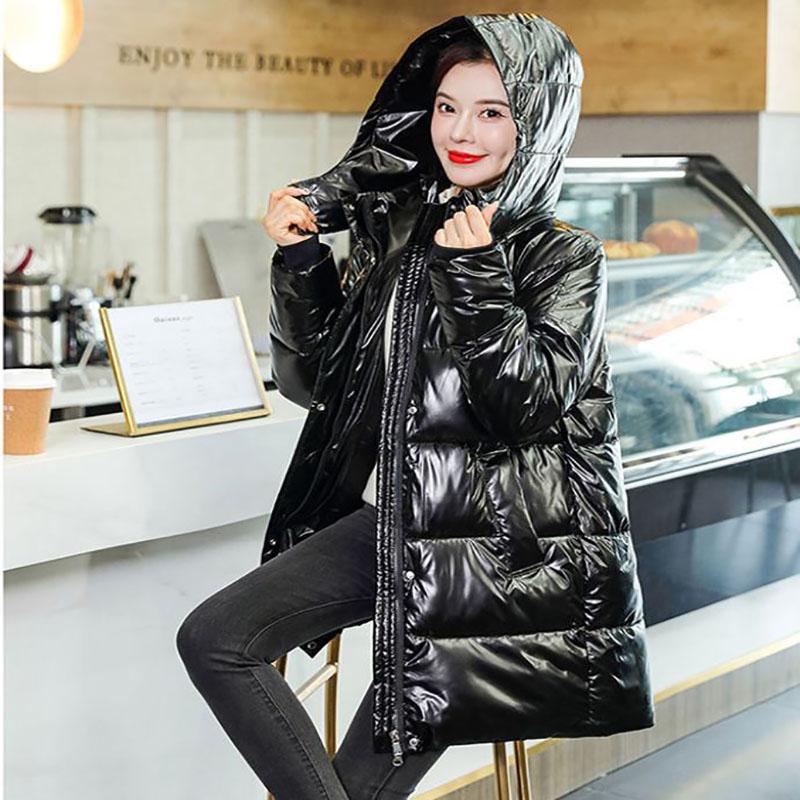 Down Cotton Jacket Winter Thicken Warm Loose Fashion Color Glossy Disposable Stand Collar Mid-length Cotton Jacket Women