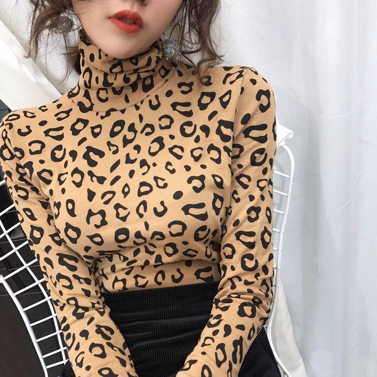 Women's High-neck Bottoming Shirt Long-sleeved Leopard Print Autumn and Winter Slim Fit All-match Thin T-shirt Women's Top