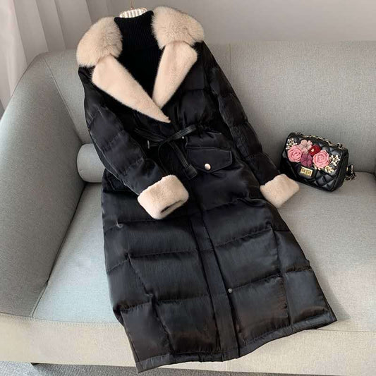Winter Cotton-padded Jacket Women's Tide Fur Coat, Long Down Down Cotton-padded Jacket, Light and Shiny Black Large Size Waist