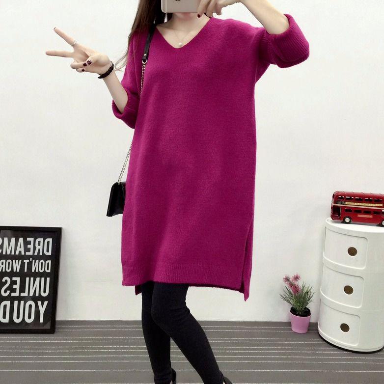 Ashion Winter Autumn Womens Sweaters Casual Long Sleeve Knitted Jumper V Neck Sweaters Dress