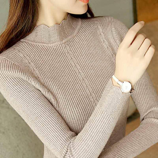 Autumn and Winter Thickened Half Turtleneck Sweater Women Warm Short Ruffled Solid Color Knitted Bottoming Shirt