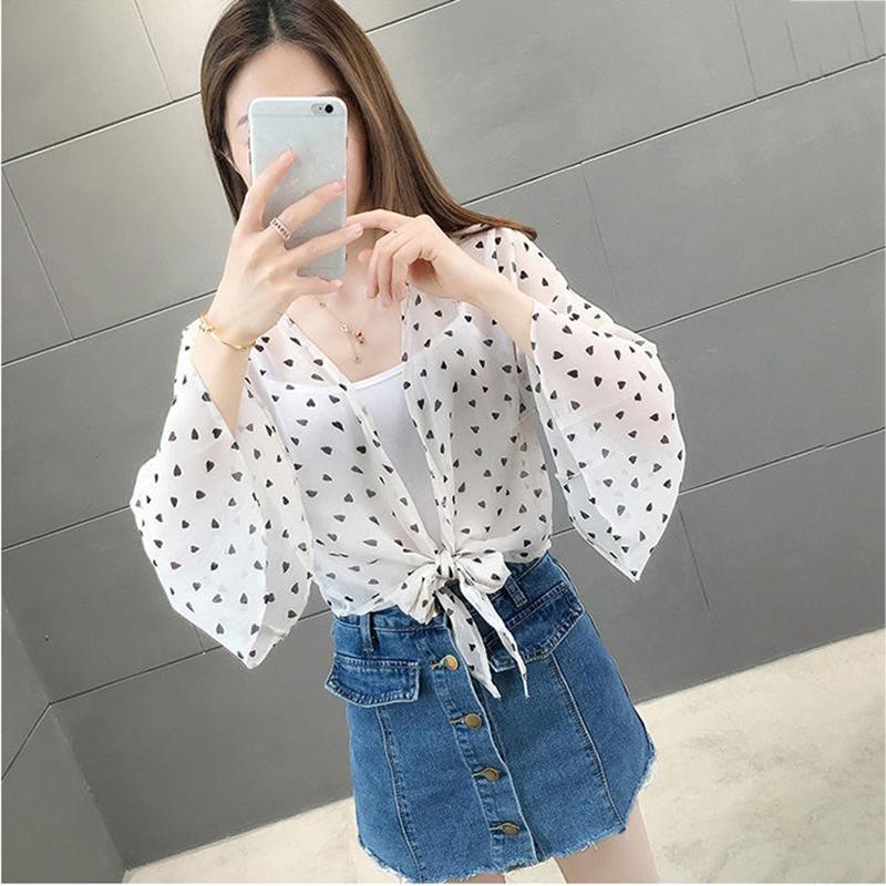 1 PCS Beach Sun Cardigan Chiffon Women Sun Protection Summer Short Solid Color Thin Shawl Heart-shaped Print