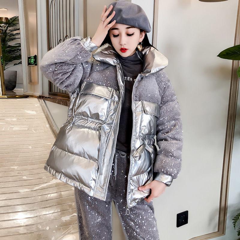 Glossy Down Padded Jacket Women's Autumn and Winter Waist Was Thinner Sequin Stitching Cotton-padded Jacket