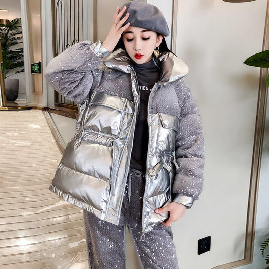 Glossy Down Padded Jacket Women's Autumn and Winter Waist Was Thinner Sequin Stitching Cotton-padded Jacket