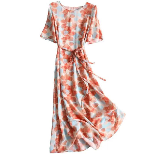 Women's A-line Skirt Summer Short Sleeve Mid Length Floral Large Size Dress Slim