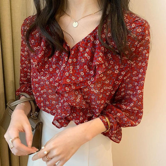Floral V-neck Wood Ear Edge Trumpet Sleeve Seven Sleeve Chiffon Shirt, Women's Summer Korean Loose Top Trend