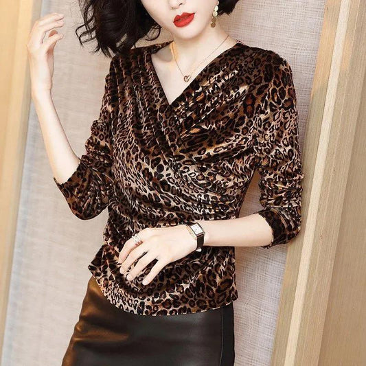 Women's Spring and Autumn V-Neck T-Shirt Leopard Print Large Size Loose Long Sleeve Top