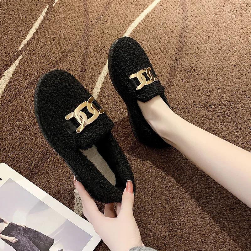 Plus Velvet Thick Plush Shoes Women Korean Version of All-match One-step Shoes Flat Non-slip Winter Warm Cotton Shoes