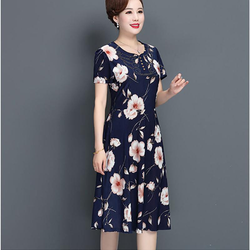 Plus Size XL-XXXXXL Women Summer Mid-length Printed Mom A-line Skirt Over-the-knee Dress Short Sleeve