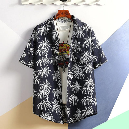 Hawaiian Beach Shirt Palm Leaf Print Tee Half Sleeve Retro Clothes Button Up Top Plus Size Loose Overshirt Casual Male Undies