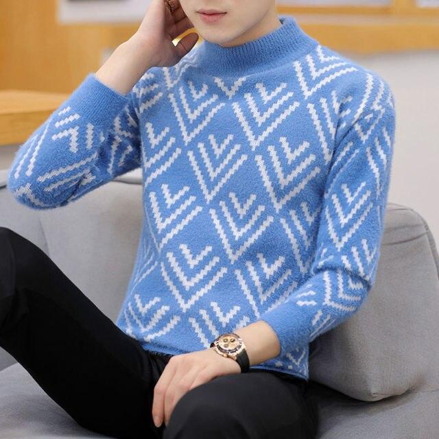 Autumn and Winter Semi High Neck Sweater Men's Korean Imitation Mink Sweater Thickened Youth Bottoming Shirt