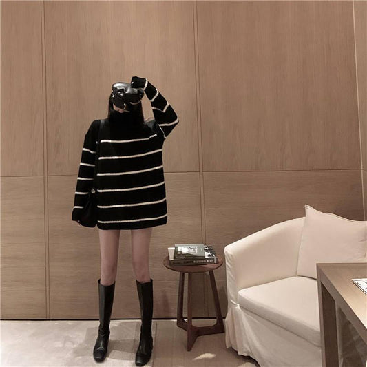 Autumn and Winter Sweater Women's Mid-length Striped Turtleneck Bottoming Shirt Students Slim Sweater Tide