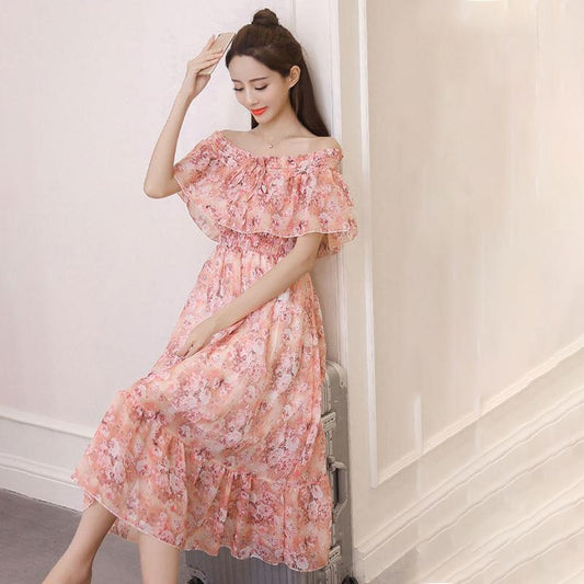 Off-the-shoulder One-word Neck Floral Chiffon Dress Female Mid-length Sexy Beach Dress Super Fairy Fairy Dress Plus Size Dress Waist Is Slim