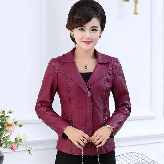 Autumn and Winter Leather Jacket Korean Style Slim V-neck Motorcycle Leather Jacket Thickened Warmth Short Leather Jacket for Women