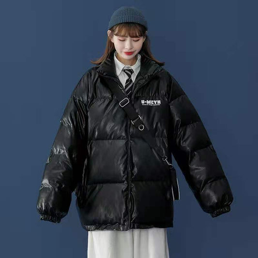 Glossy Pu Leather Cotton Clothes Women's Winter Korean Version of Loose Thick Padded Jacket Bread Clothes Wild Ins Tide Jacket