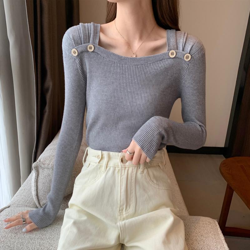 Women Winter Sweater White Pink Purple Square Collar Long Sleeve Slim Pullovers Korean Fashion Knitted Jumper Fall Casual Solid Women Girl Knitwear