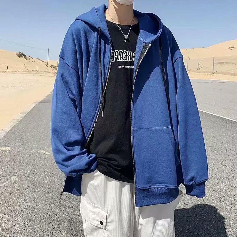 Hooded Sweater Men's Autumn Long Sleeve Loose Autumn Winter Zipper Solid Color Jacket