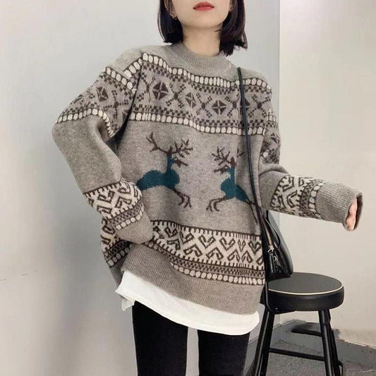 Autumn Winter Women Fashion Mid-length Sweater Casual Knitting Sweater Round Neck Pullovers Loose Casual Long Sleeve Sweater