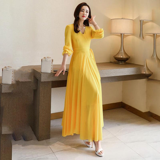 Chiffon Dress Spring and Autumn Chiffon Short-sleeved Dress Female Temperament Slim Slimming Long Skirt Female Plus Size Dance Skirt