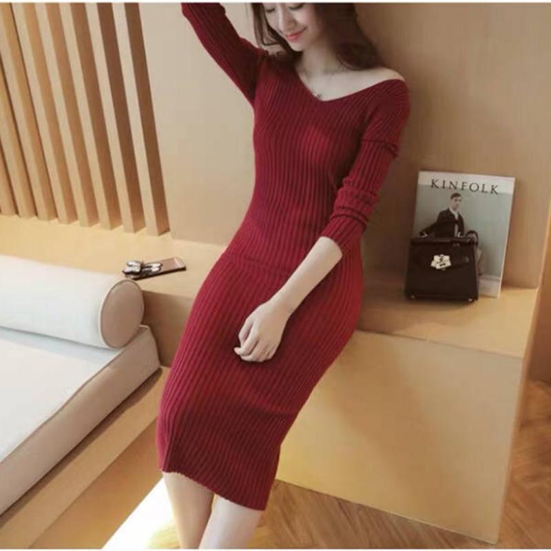 Red Sexy Dress Women's Slim Fit V-neck Mid-length Base Sweater Long Skirts Over-the-Knee Tight-Fit