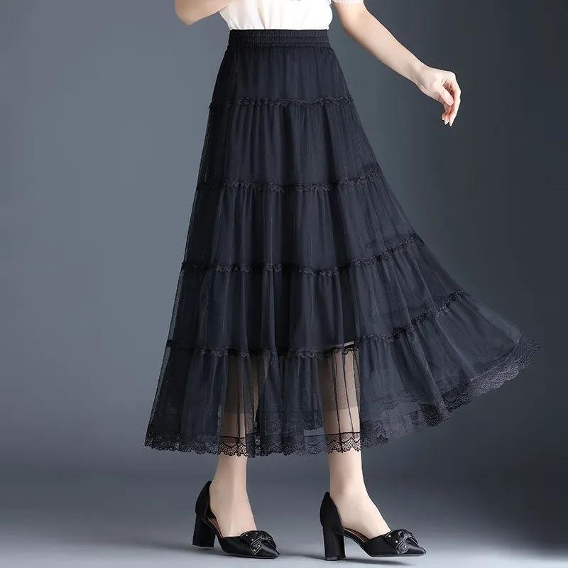 Three-layer Large Swing Mesh Skirt Women's Spring and Summer A-line Pleated Cake Skirt Lace Edge Drape Long Skirt Solid Color Gauze Skirt