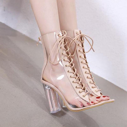 Women's Lace Up Sandals Sexy pu Leather Transparent Sandals High Heel Block Heel Sandals