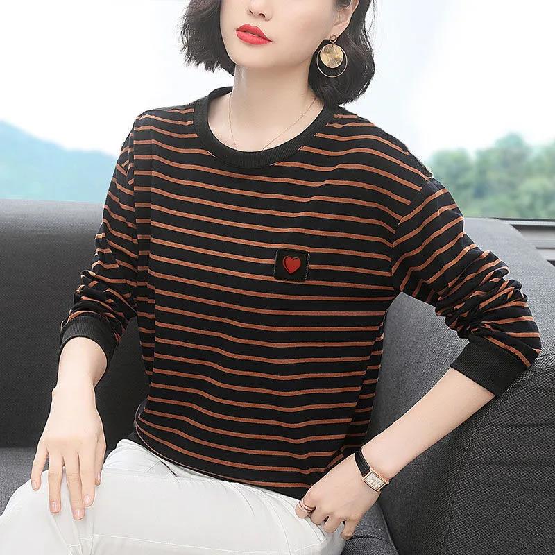 Large Size T-shirt Women's Spring and Autumn Loose Bottoming Shirt Round Neck Striped Long Sleeve All-match Top